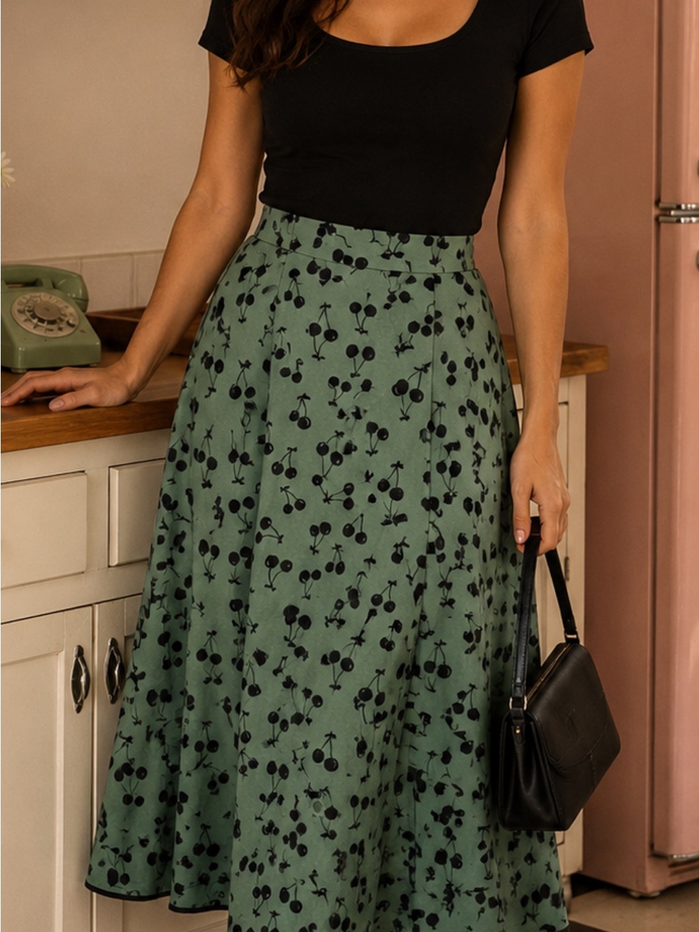 NWT Tulip B Rare Vintage Inspired High-Waist Green Black Cherry-Print Midi Skirt - Picture 5 of 8